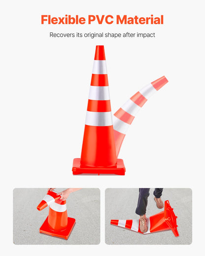 Safety Cones, 6 x 36\" Traffic Cones, PVC Orange Construction Cones, Reflective Collars Traffic Cones with Weighted Base Used for Traffic Control, Driveway Road Parking and School Improvement