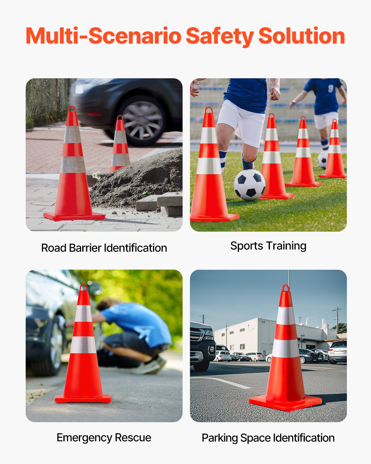 Safety Cones, 12 x 28\" Traffic Cones, PVC Orange Construction Cones, 2 Reflective Collars Traffic Cones with Weighted Base and Hand-Held Ring Used for Traffic Control, Driveway Road Parking
