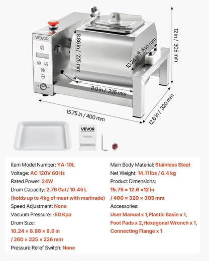Meat Tumbler Marinator, 10L Vacuum Tumbler Marinating Machine with Automatic Bidirectional Rotation, Stainless Steel Vacuum Curing Machine for Chicken Steak Pork, Home & Commercial Use
