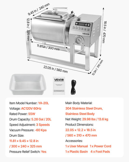 Commercial Meat Tumbler Marinator, 20L Vacuum Tumbler Marinating Machine with Bidirectional Rotation and 3-Speed, Stainless Steel Vacuum Curing Machine for Chicken Steak Pork, Restaurant