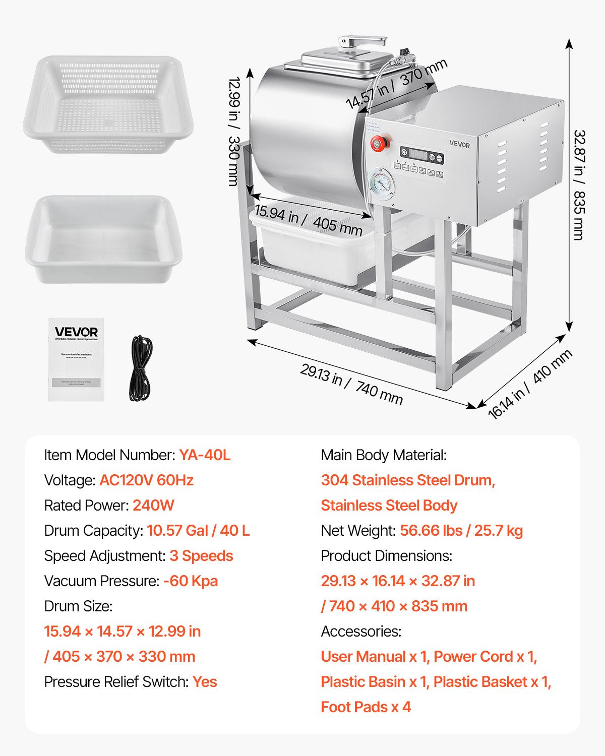 Commercial Meat Tumbler Marinator, 40L Vacuum Tumbler Marinating Machine with Bidirectional Rotation and 3-Speed, Stainless Steel Vacuum Curing Machine for Chicken Pork Fish, Steak House
