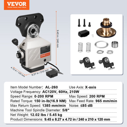 X-Axis Power Feed for Milling Machine, 150 in-lb Torque, 0-200RPM Adjustable Rotate Speed 120V Power Table Feed Mill Feeder, for Bridgeport Some Knee Type Mills with a 5/8" End Shaft Diameter
