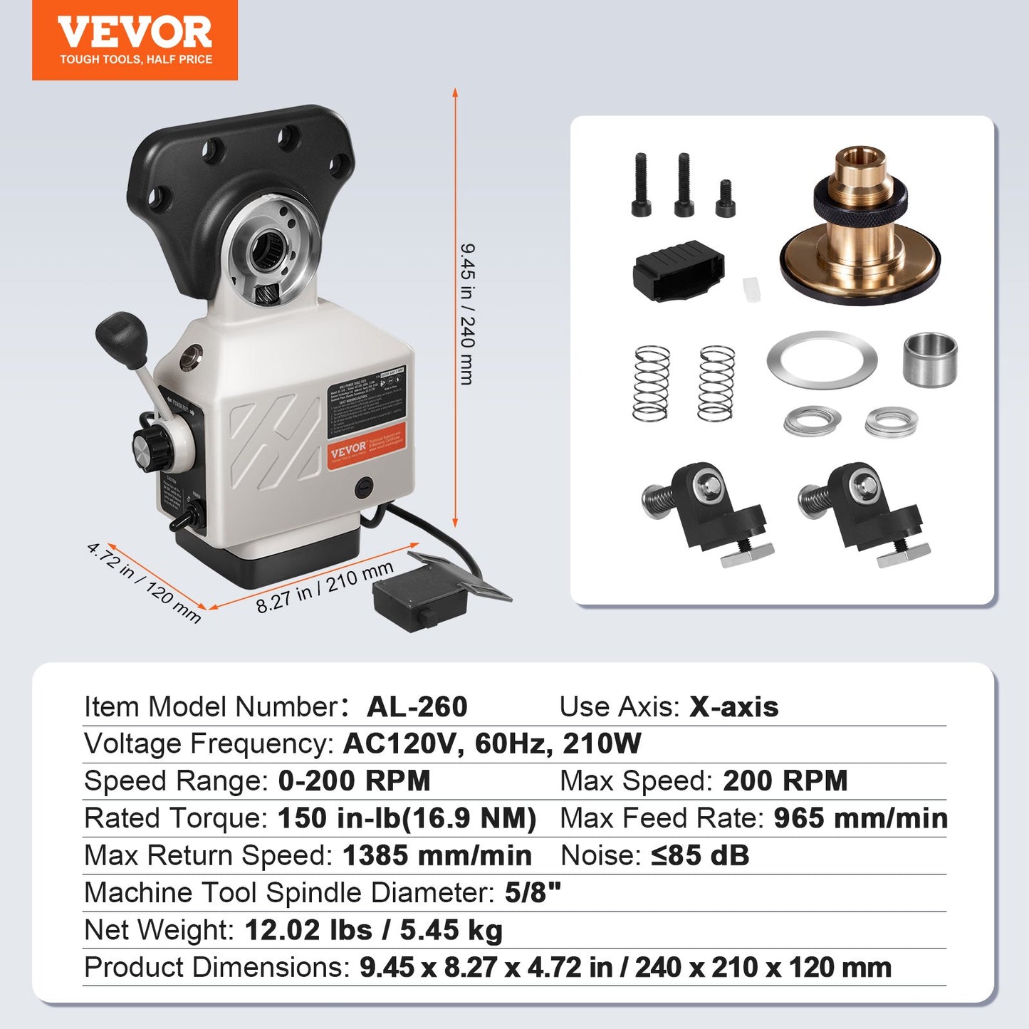 X-Axis Power Feed for Milling Machine, 150 in-lb Torque, 0-200RPM Adjustable Rotate Speed 120V Power Table Feed Mill Feeder, for Bridgeport Some Knee Type Mills with a 5/8" End Shaft Diameter