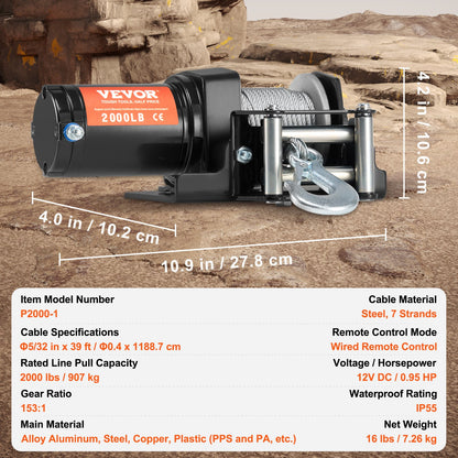 Elektrische Seilwinde ATV UTV 2000 lb Stahlkabel IP 55 wasserdichte kabelgebundene Steuerung