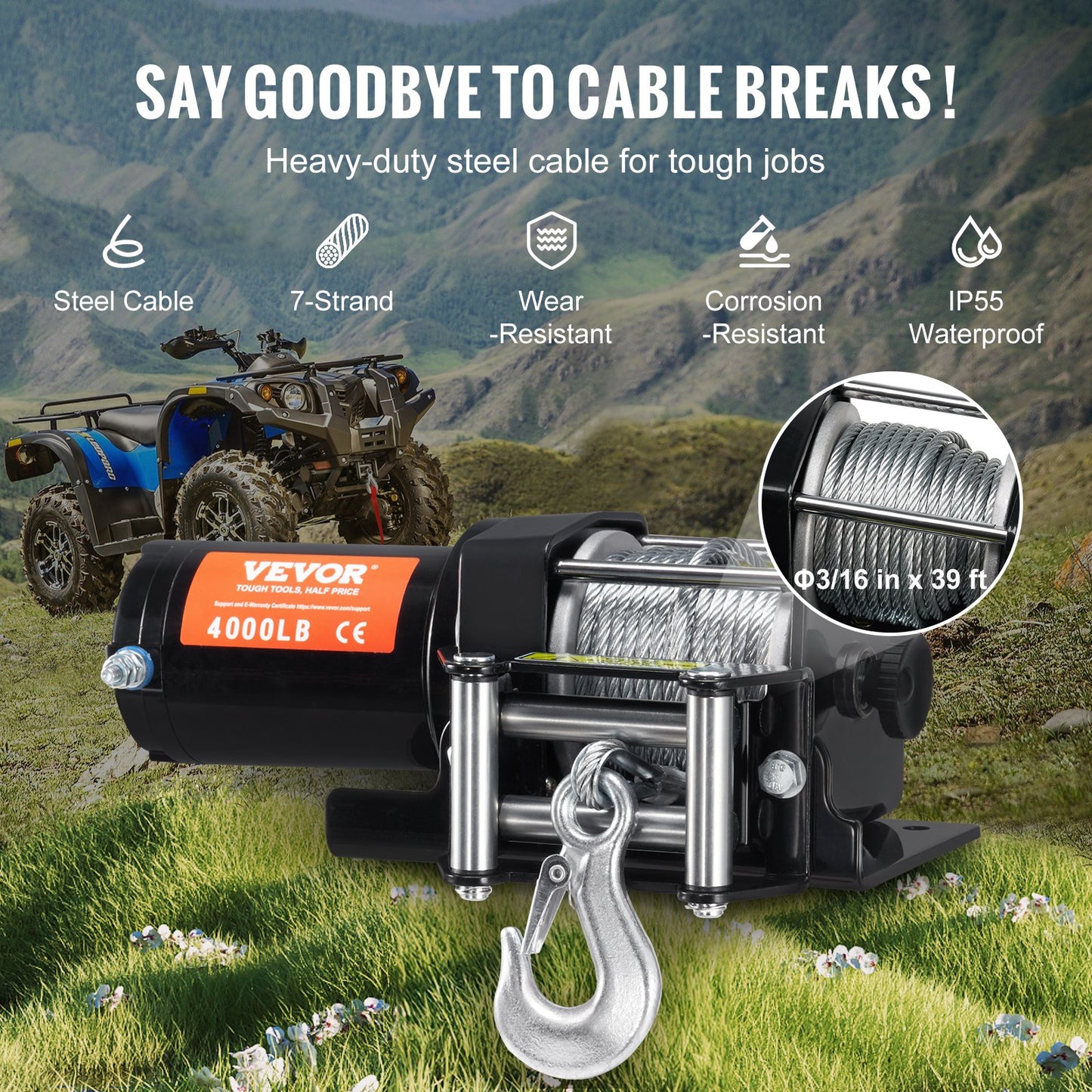 Electric Winch ATV UTV 4000 lb Steel Cable IP55 Waterproof Remote Control