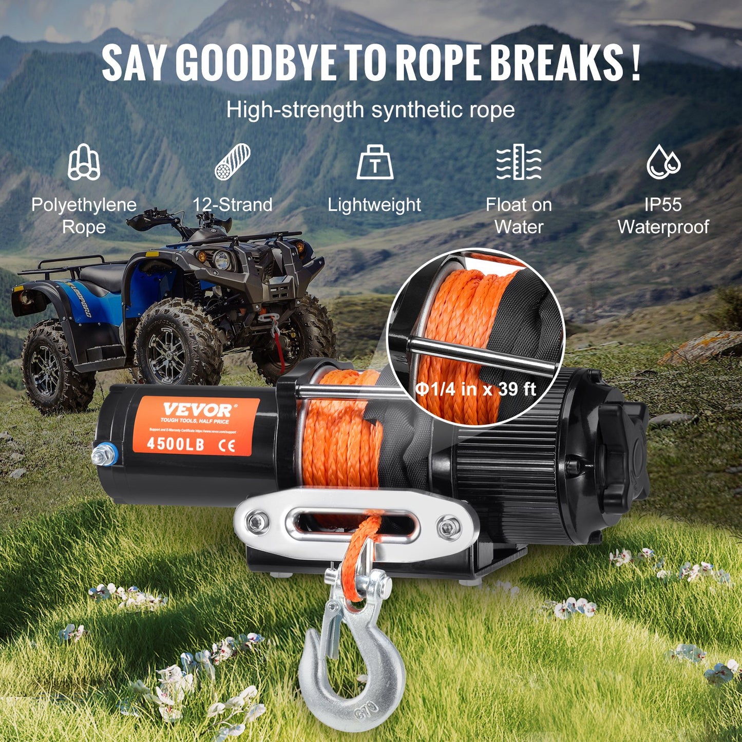 Electric Winch ATV UTV 4500 lb Synthetic Rope Waterproof Remote Control