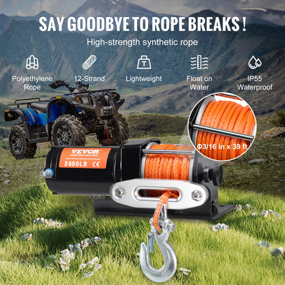 Electric Winch ATV UTV 3500 lb Synthetic Rope Waterproof Wired Control