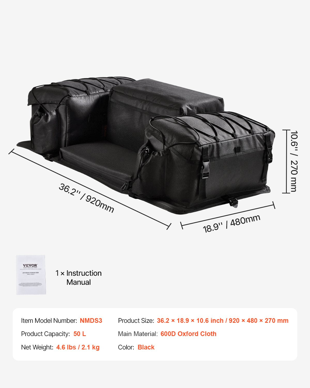 50L ATV Rear Storage Bag 600D Oxford Fabric Rear Cargo Bag &amp; Sponge Pad