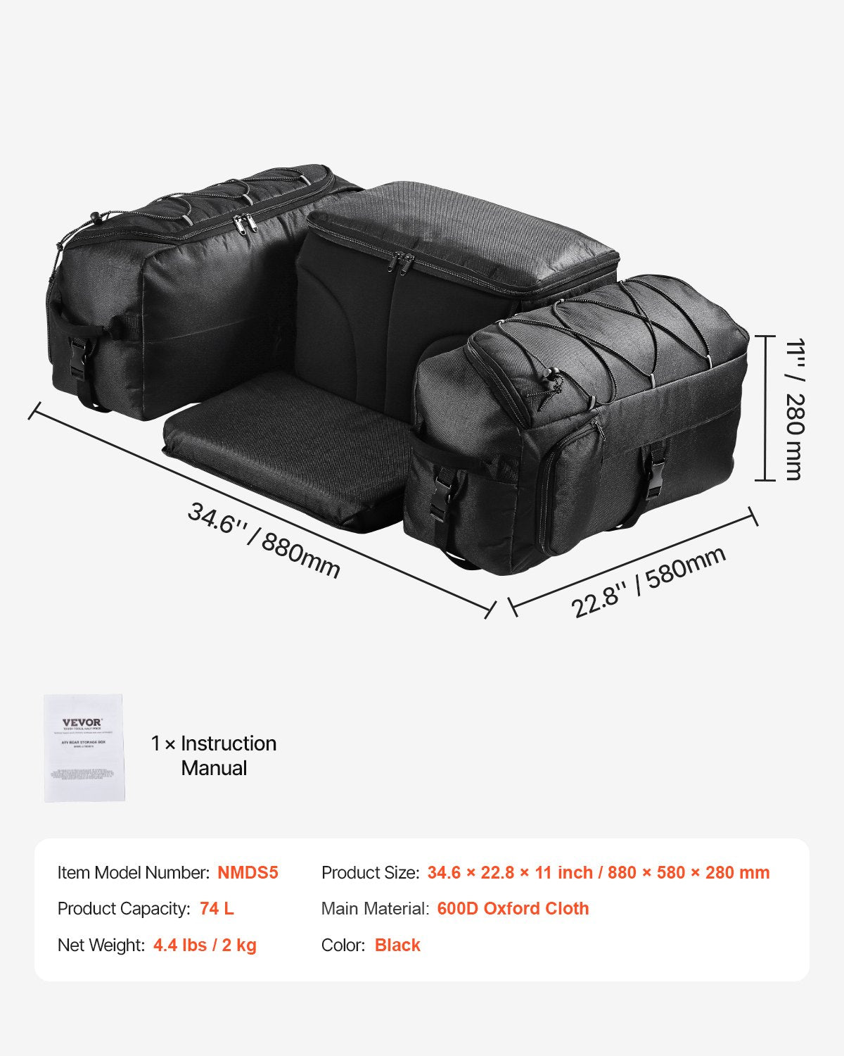 74L ATV Bakre förvaringsväska 600D Oxford Cloth Bakre Cargo Bag & Svampkudde