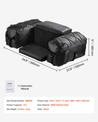 74L ATV Bakre förvaringsväska 600D Oxford Cloth Bakre Cargo Bag & Svampkudde