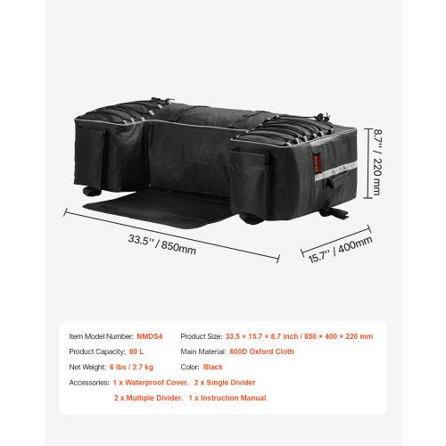 ATV förvaringsväska bak, 60L ATV förvaringsväska bak med ryggstöd och vattentätt överdrag, 600D Oxfordtyg för utrustning bak i sätet, passar de flesta ATV med bakre räcke, kompatibel med ATV, UTV, Can-Am-fordon |  EU