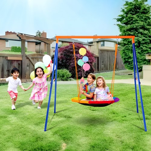 Swing Sets for Backyard, 440lbs Load Capacity Swing Set, 40" Saucer Swing Seat with Heavy Duty A-Frame Metal Swing Stand and Adjustable Rope, Easy to Assemble, Swingset Outdoor for Kids