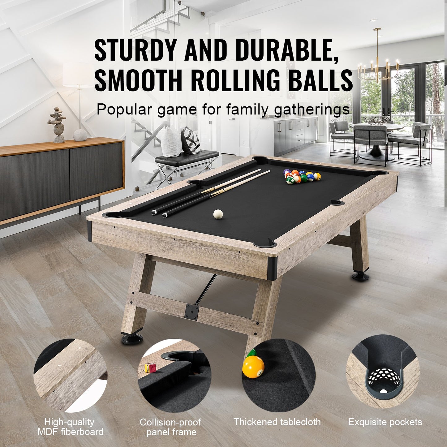 Pool table, 7 feet pool table, adjust legs stable pool table, pool table set includes balls, cue, chalk and brush, wood color with black cloth, perfect for family game room kids adults