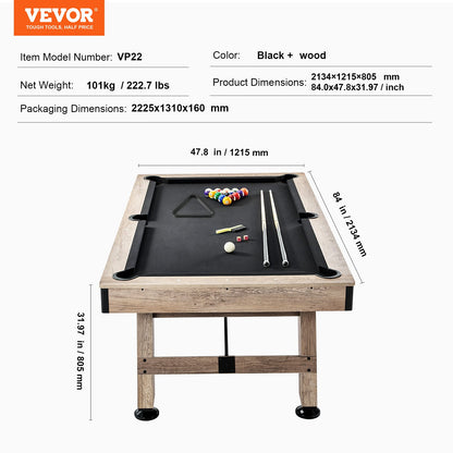 Pool table, 7 feet pool table, adjust legs stable pool table, pool table set includes balls, cue, chalk and brush, wood color with black cloth, perfect for family game room kids adults