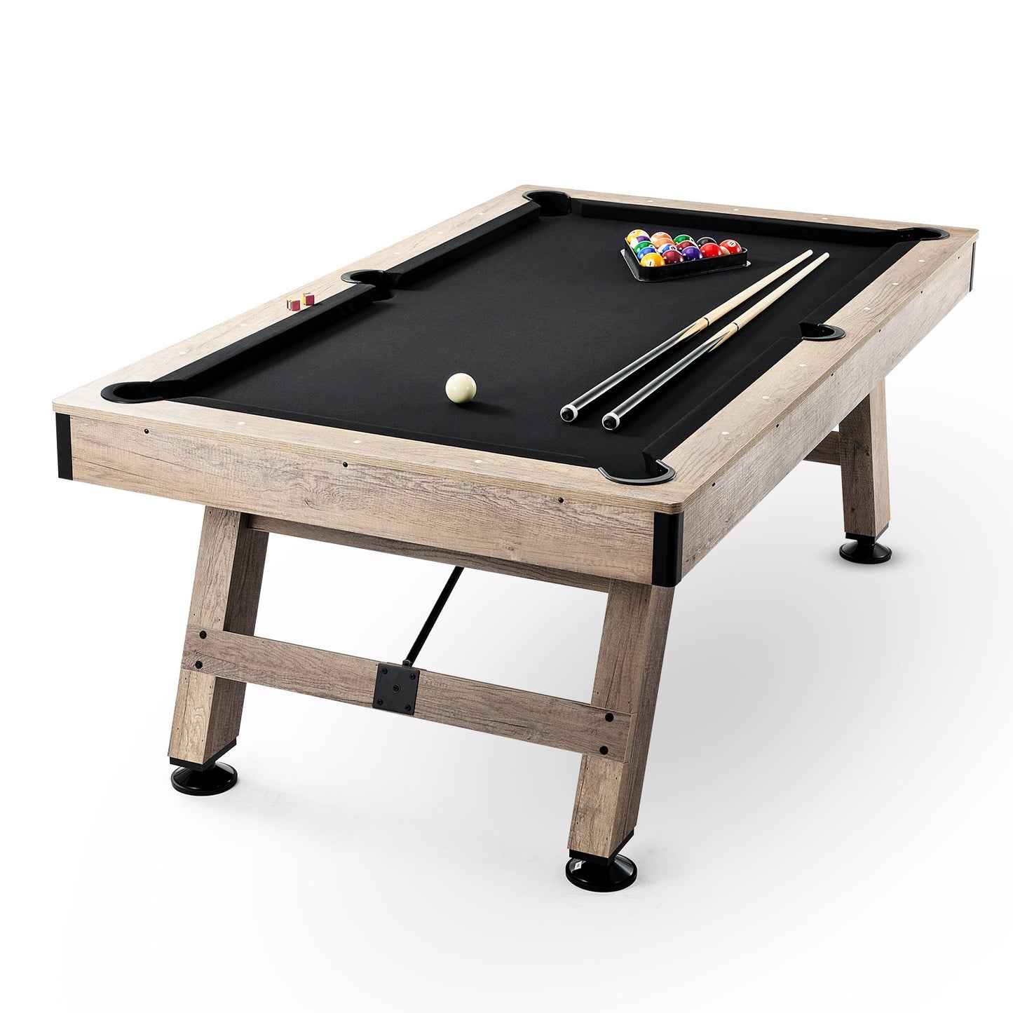 Pool table, 7 feet pool table, adjust legs stable pool table, pool table set includes balls, cue, chalk and brush, wood color with black cloth, perfect for family game room kids adults