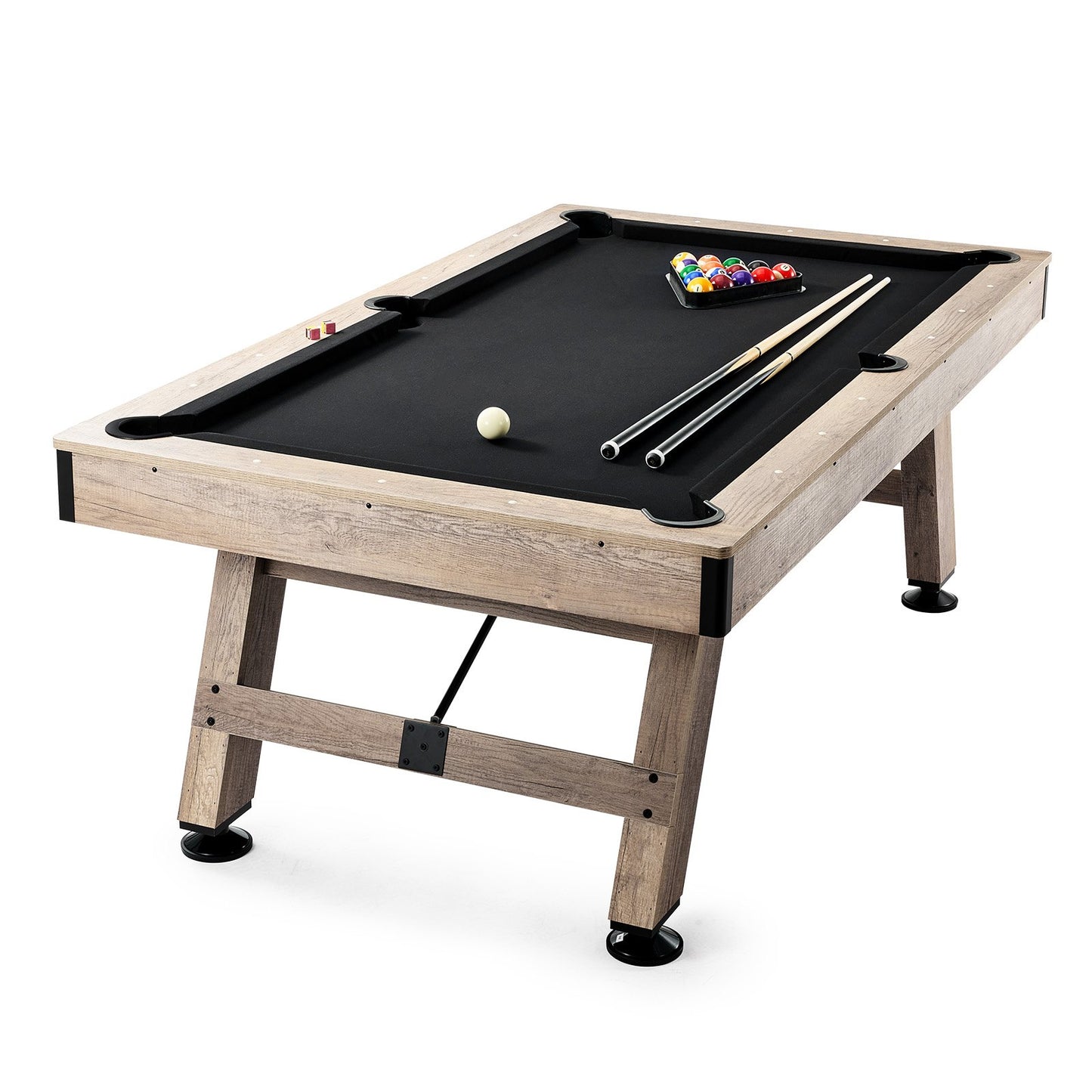 Pool table, 7 feet pool table, adjust legs stable pool table, pool table set includes balls, cue, chalk and brush, wood color with black cloth, perfect for family game room kids adults