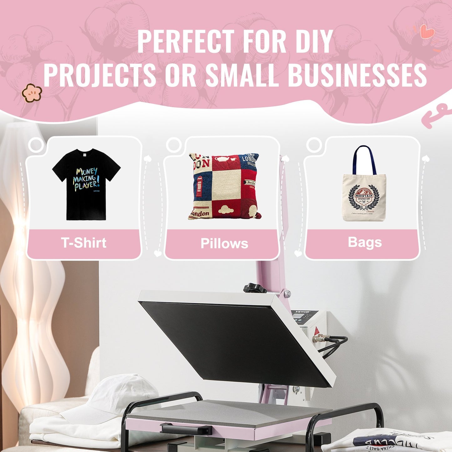 Wärmepresse 15x15 Zoll Ausziehbare Wärmeübertragungsmaschine T-Shirts Rosa