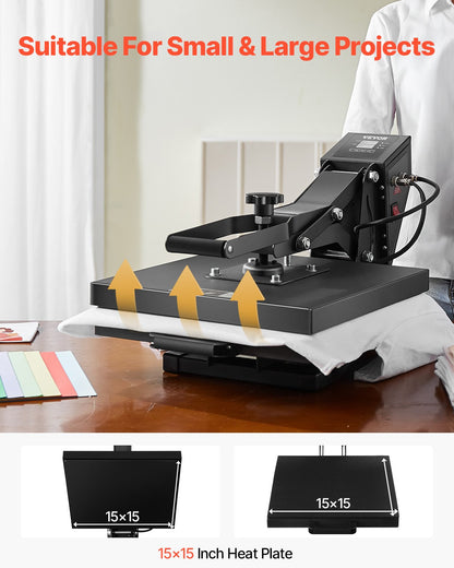 Heat Press, 15 x 15 inch Heat Press Machine for T-shirts, Fast and Even Heating, Easy to Use, High Pressure for Digital Industrial-Quality Sublimation Printer for Transfer Vinyl, T-shirt, Black