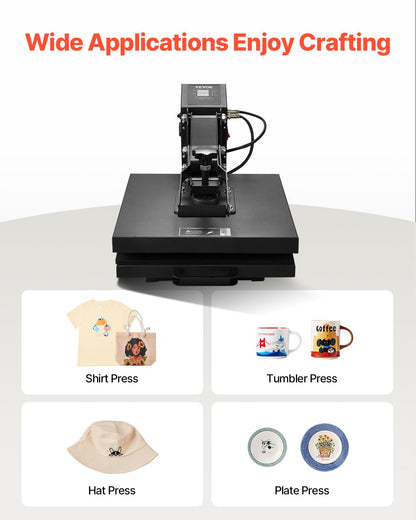 Heat Press, 15 x 15 inch Heat Press Machine for T-shirts, Fast and Even Heating, Easy to Use, High Pressure for Digital Industrial-Quality Sublimation Printer for Transfer Vinyl, T-shirt, Black