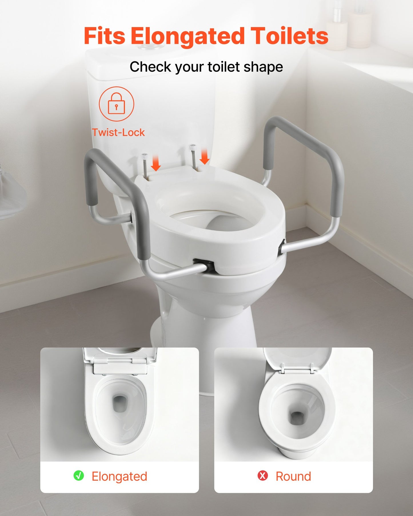Raised Toilet Seat with Arms, 300 lbs Load Capacity, 3.5-Inch Lift Height, Widened Commode Elevated Toilet Seat Riser with Padded Handles for Seniors, Elderly, Handicap, Disabled, and Adults