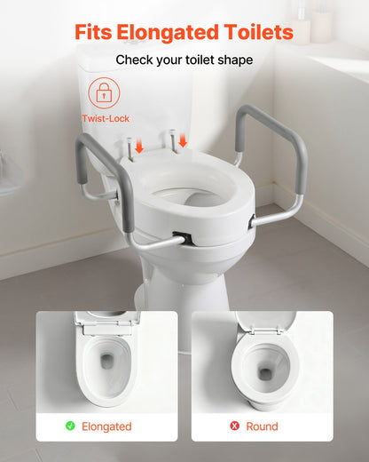 Raised Toilet Seat with Arms, 300 lbs Load Capacity, 3.5-Inch Lift Height, Widened Commode Elevated Toilet Seat Riser with Padded Handles for Seniors, Elderly, Handicap, Disabled, and Adults