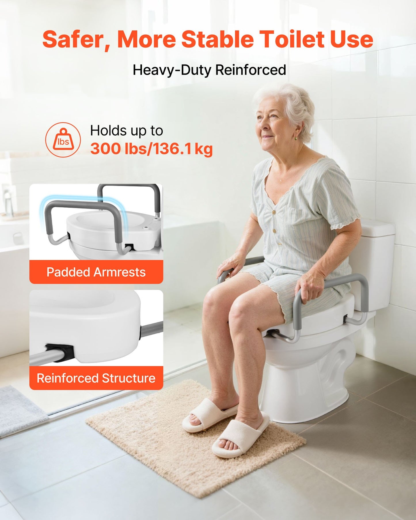 Raised Toilet Seat with Arms, 300 lbs Load Capacity, 3.5-Inch Lift Height, Widened Commode Elevated Toilet Seat Riser with Padded Handles for Seniors, Elderly, Handicap, Disabled, and Adults