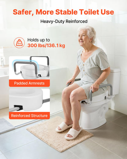 Raised Toilet Seat with Arms, 300 lbs Load Capacity, 3.5-Inch Lift Height, Widened Commode Elevated Toilet Seat Riser with Padded Handles for Seniors, Elderly, Handicap, Disabled, and Adults