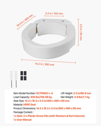 Raised Toilet Seat, 300 lbs Load Capacity, 3.5-Inch Lift Height, Commode Elevated Toilet Seat Riser with Enlarged Opening for Seniors, Elderly, Handicap, Disabled, Adults, Fits Elongated Bowl