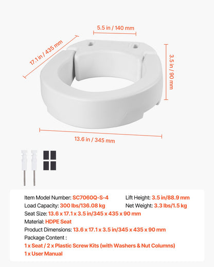 Raised Toilet Seat, 300 lbs Load Capacity, 3.5-Inch Lift Height, Commode Elevated Toilet Seat Riser with Enlarged Opening for Seniors, Elderly, Handicap, Disabled, and Adults, Fits Round Bowl