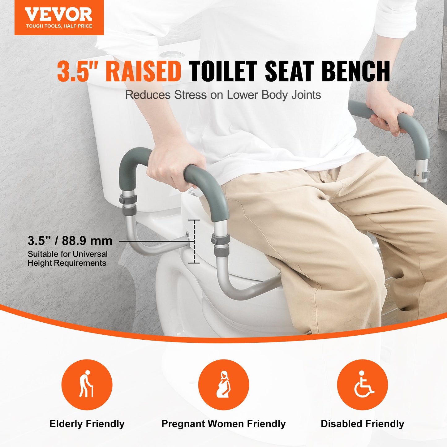 Elevated Toilet Seat, 3.5" Height Raised, 300 lbs Weight Capacity, for Standard Round Toilet, Aluminum Handrail, with EVA Armrest Padding, for Elderly, Handicapped, Patient, Pregnant, Medical