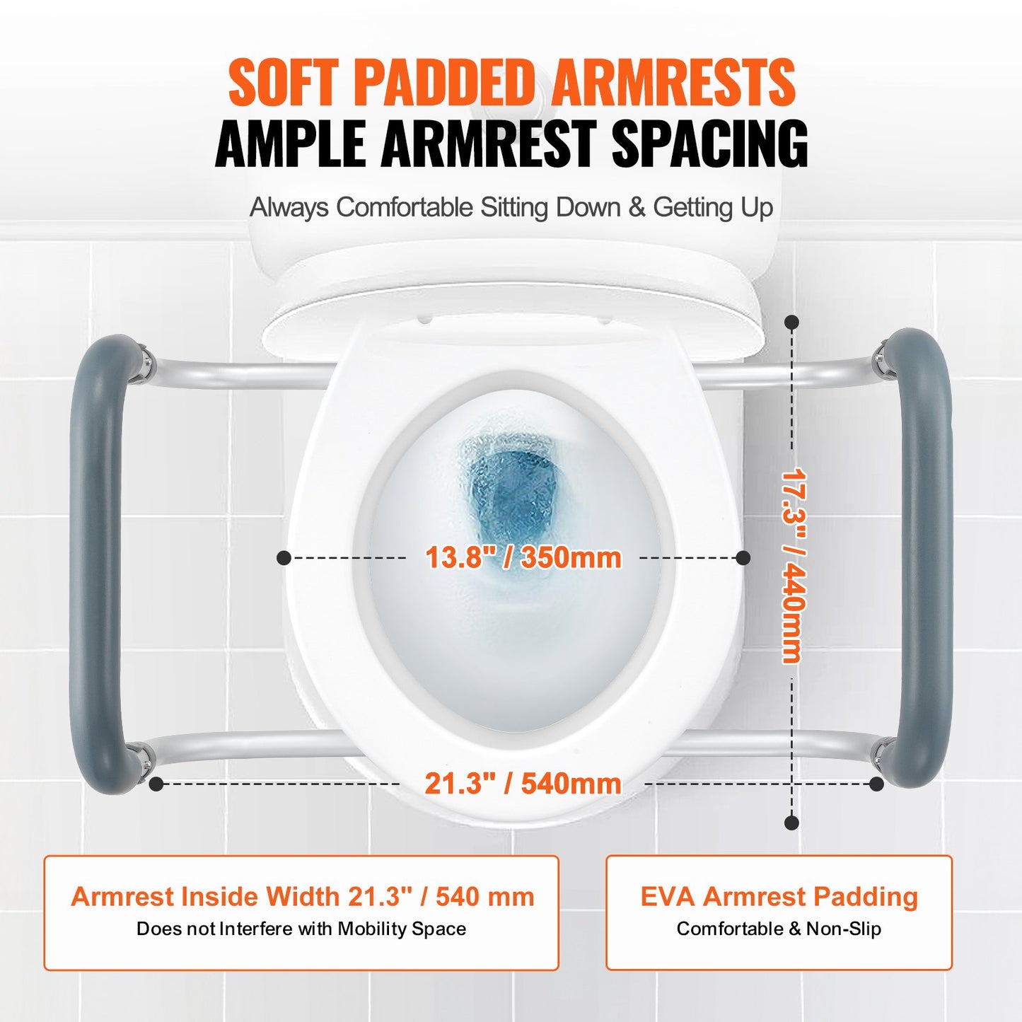 Raised Toilet Seat, 3.5" Height Raised, 300 lbs Weight Capacity, for Standard Round Toilet, Aluminum Handrail, with EVA Armrest Padding, for Elderly, Handicap, Patient, Pregnant, Medical
