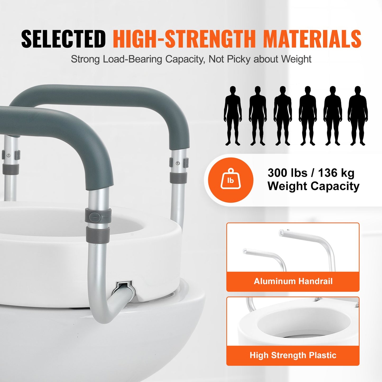 Elevated Toilet Seat, 3.5" Height Raised, 300 lbs Weight Capacity, for Standard Round Toilet, Aluminum Handrail, with EVA Armrest Padding, for Elderly, Handicapped, Patient, Pregnant, Medical