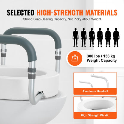 Elevated Toilet Seat, 3.5" Height Raised, 300 lbs Weight Capacity, for Standard Round Toilet, Aluminum Handrail, with EVA Armrest Padding, for Elderly, Handicapped, Patient, Pregnant, Medical