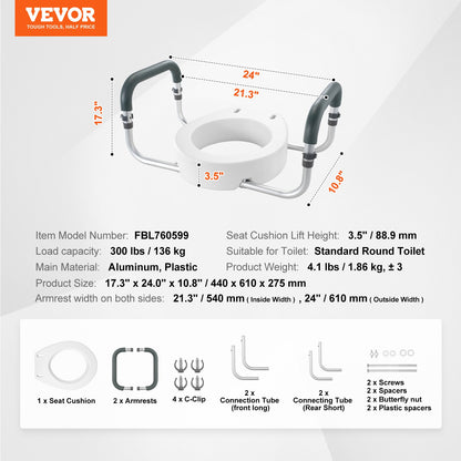 Raised Toilet Seat, 3.5" Height Raised, 300 lbs Weight Capacity, for Standard Round Toilet, Aluminum Handrail, with EVA Armrest Padding, for Elderly, Handicap, Patient, Pregnant, Medical