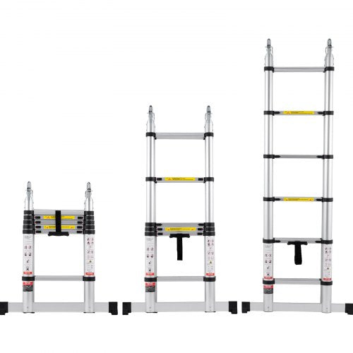 Telescoping Ladder, 12.5FT A-Shape Aluminum Extension Ladder Lightweight, Multi-button Retraction Collapsible Ladder, 375 LBS Capacity w/ Stabilizer Bar, Multi-Purpose Ladders for RV, Camper