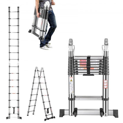 Telescoping Ladder A Frame, 16.5ft Stainless Steel Extension Ladder, Multi-Button Retraction Portable Collapsible RV Ladders, 330LBS Load Telescopic Ladders with Balance Bar for Home, RV, Loft