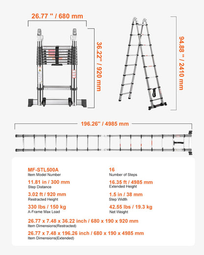 Telescoping Ladder A Frame, 16.5ft Stainless Steel Extension Ladder, Multi-Button Retraction Portable Collapsible RV Ladders, 330LBS Load Telescopic Ladders with Balance Bar for Home, RV, Loft