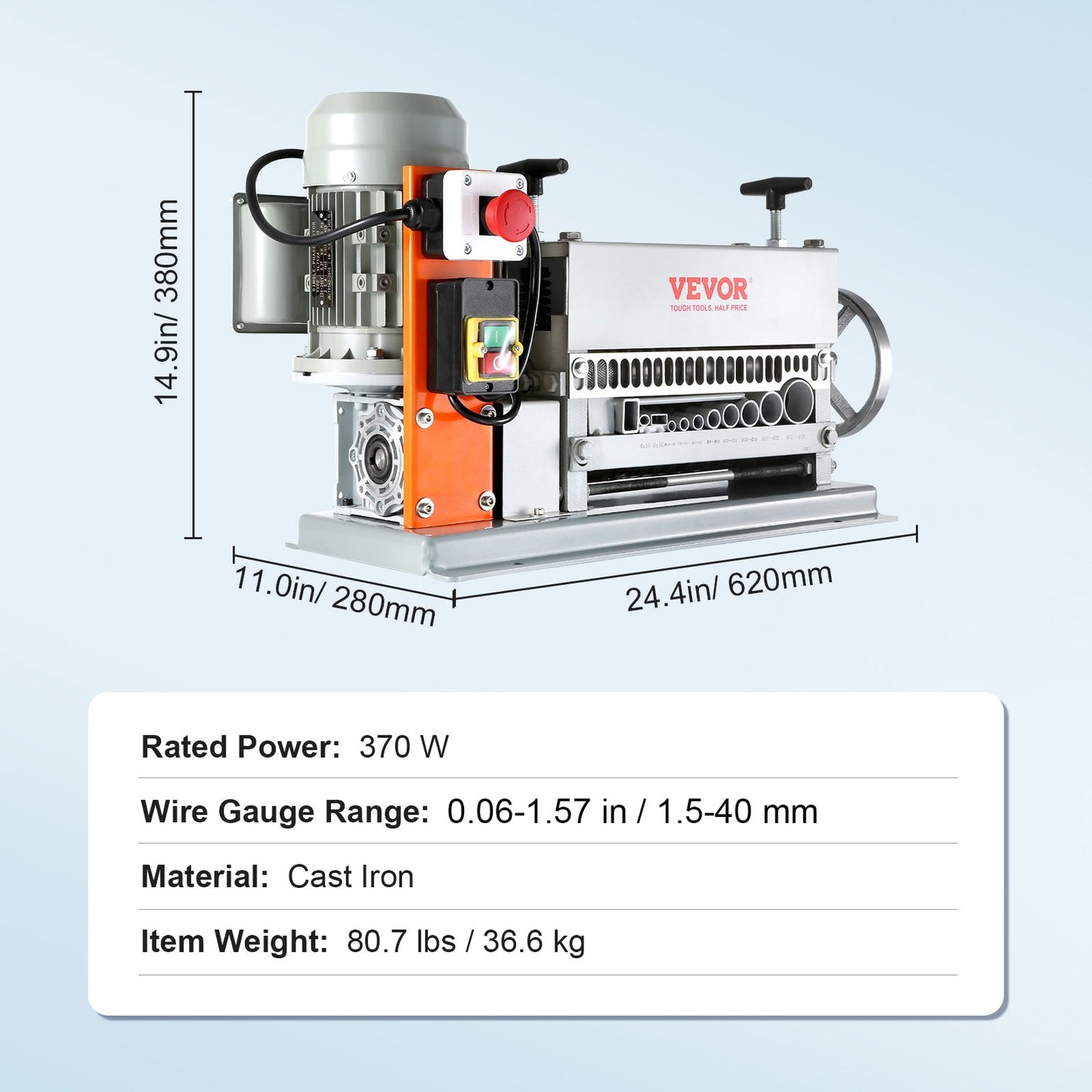 Electric Cable Stripping Tool, 0.06''-1.57'' Motorized Wire Stripper, 370 W, 88 ft/min, Includes Manual Crank & 11 Channels, Ideal for Copper Scrap Recycling