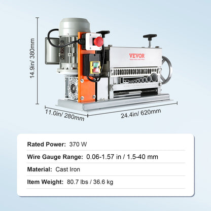 Electric Cable Stripping Tool, 0.06''-1.57'' Motorized Wire Stripper, 370 W, 88 ft/min, Includes Manual Crank & 11 Channels, Ideal for Copper Scrap Recycling