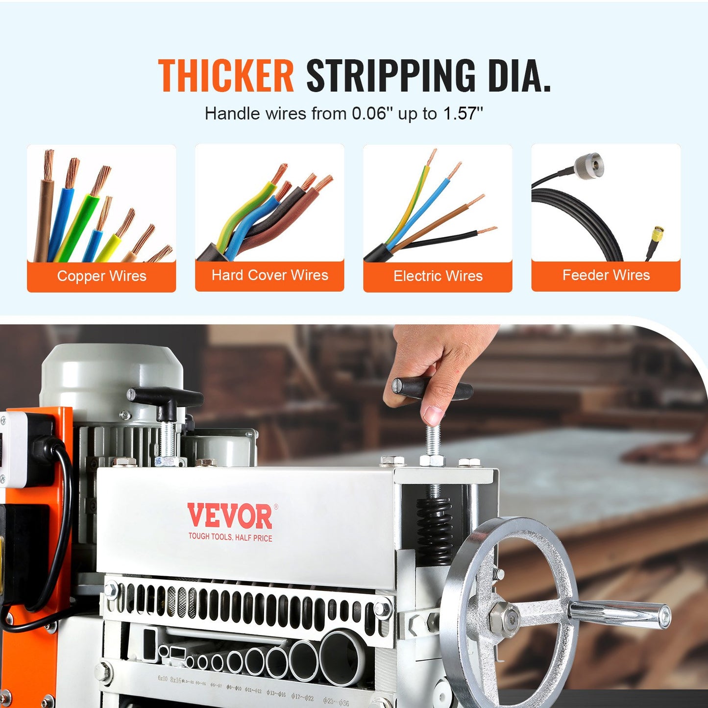 Automatic Wire Stripper, 0.06''-1.42'' Electric Motorized Cable Stripper, 370W, 88 ft/min Wire Stripper with an Extra Manual Crank, 11 Channels for Copper Scrap Recycling