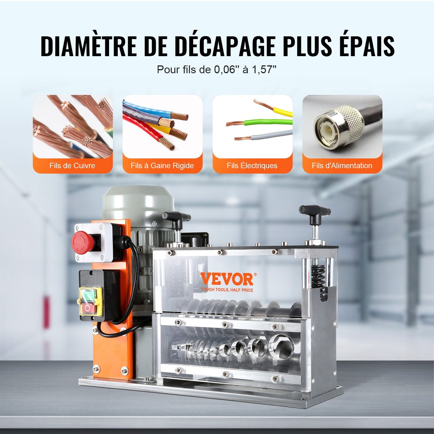 Automatic Wire Stripping Machine, 0.06''-1.57'' Electric Motorized Cable Stripper, 750 W, 98 ft/min Wire Peeler with Visible Stripping Depth Reference, 10 Channels for Scrap Copper Recycling