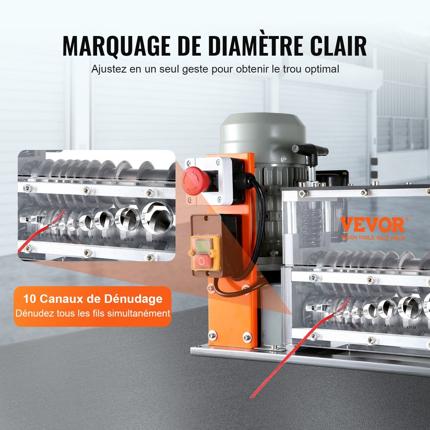Automatic Wire Stripping Machine, 0.06''-1.57'' Electric Motorized Cable Stripper, 750 W, 98 ft/min Wire Peeler with Visible Stripping Depth Reference, 10 Channels for Scrap Copper Recycling