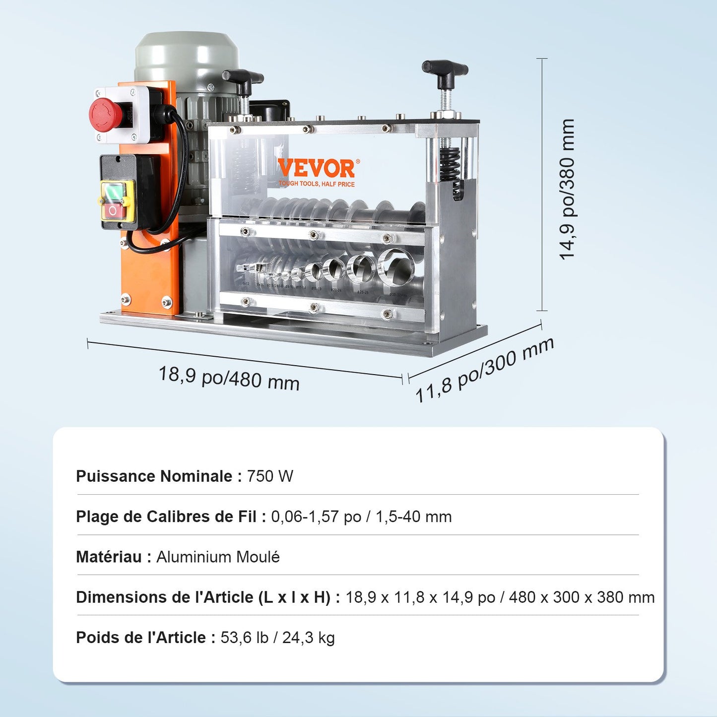 Automatic Wire Stripping Machine, 0.06''-1.57'' Electric Motorized Cable Stripper, 750 W, 98 ft/min Wire Peeler with Visible Stripping Depth Reference, 10 Channels for Scrap Copper Recycling