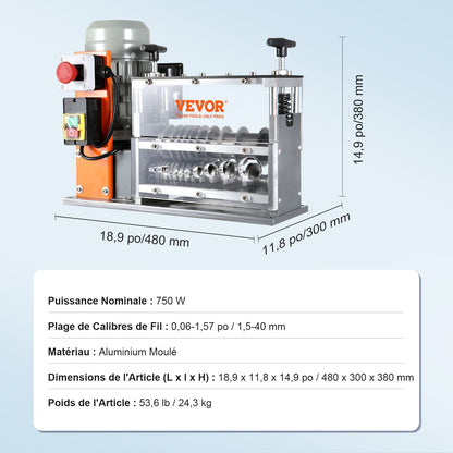 Automatic Wire Stripping Machine, 0.06''-1.57'' Electric Motorized Cable Stripper, 750 W, 98 ft/min Wire Peeler with Visible Stripping Depth Reference, 10 Channels for Scrap Copper Recycling