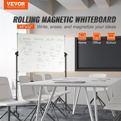 Rollbares Whiteboard, 48 x 32 Zoll doppelseitiges magnetisches mobiles Whiteboard, 360° wendbare, höhenverstellbare Trockenlöschtafel mit Rädern und abnehmbarem Tablett für die Büroschule