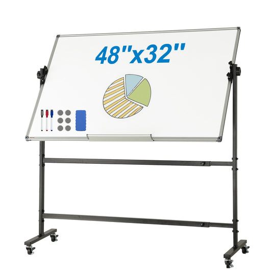 Rolling Whiteboard, 48x32 tum dubbelsidig magnetisk mobil whiteboardtavla, 360° vändbar justerbar höjd med torr raderingstavla med hjul och flyttbar bricka för kontorsskola