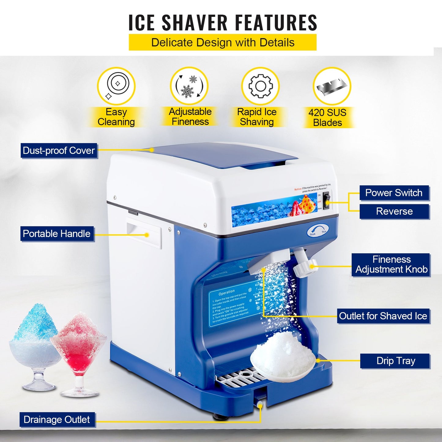 110V Electric Shaved Ice Machine 250W Snow Cone Maker Tabletop with Adjustable Ice Texture, Ice Shaving Machine 265LBs/hr for Home and Commerical Use