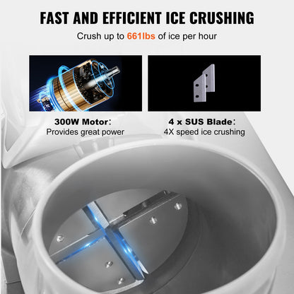 Ice Crushers Machine, 661lbs Per Hour Electric Snow Cone Maker with 4 Blades, Stainless Steel Shaved Ice Machine with Cover, 300W Ice Shaver Machine for Margaritas, Home and Commercial Use