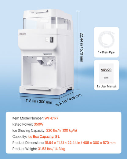Commercial Ice Shaver Crusher, 220lbs Per Hour Electric Snow Cone Maker with 8L Ice Cube Box, 350W 1500RPM Tabletop Shaved Ice Machine for Parties Events Bar, Home and Commercial Use (White)