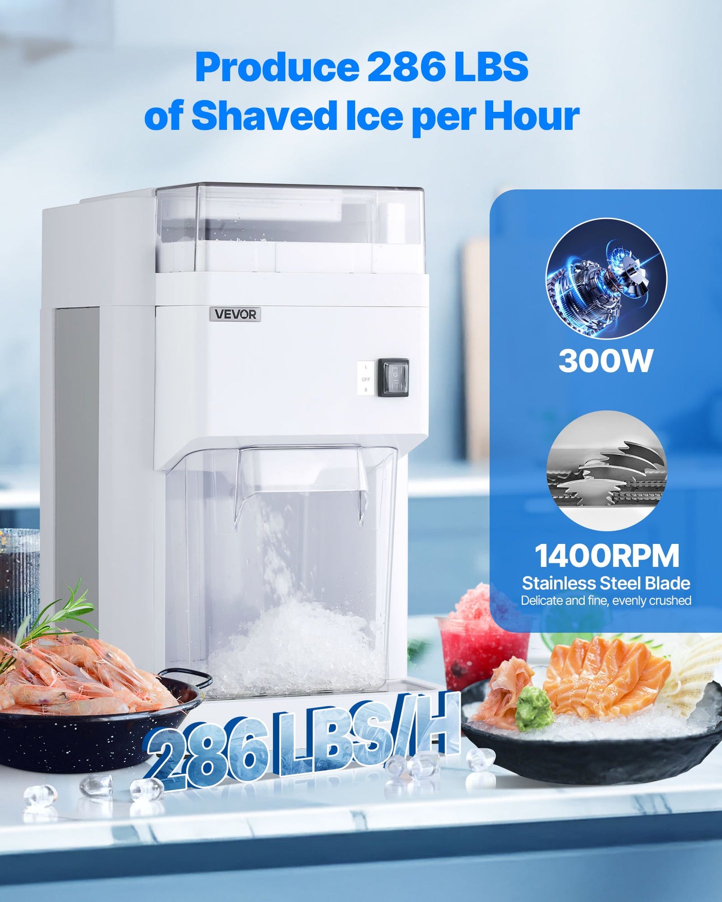 Commercial Ice Shaver Machine, 1.91QT /1.8L Large Electric Ice Cube Crusher Shaved Maker with 300W Premium Motor, Stainless Steel Blades, for Bar Mixing Seafood Preservation Home Party, White